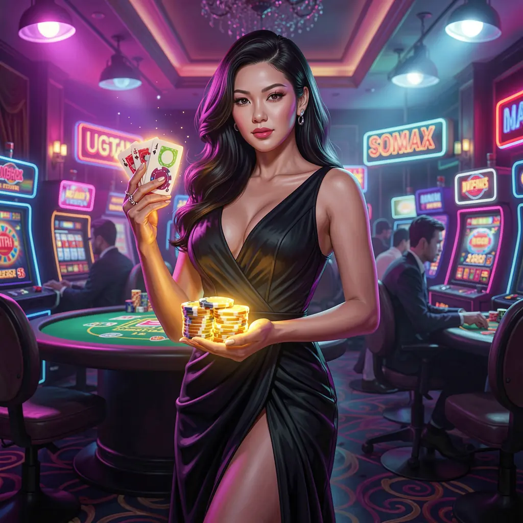 Wanita elegan menikmati permainan slot berkualitas tinggi dengan efek emas berkilau di kasino online 55RT yang dirancang untuk pemain Indonesia 55RT – Temukan hiburan kasino premium yang dirancang untuk Indonesia